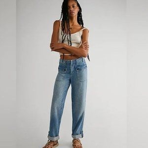 We The Free People Rory Slim Straight Jeans Size 27 Button Pockets Tab Cuff Hems